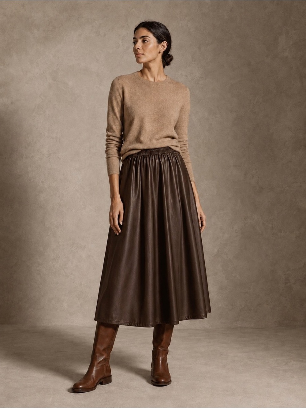 Chocolate Brown Faux Leather Midi Skirt | Full A-Line With Pockets | Minimalist